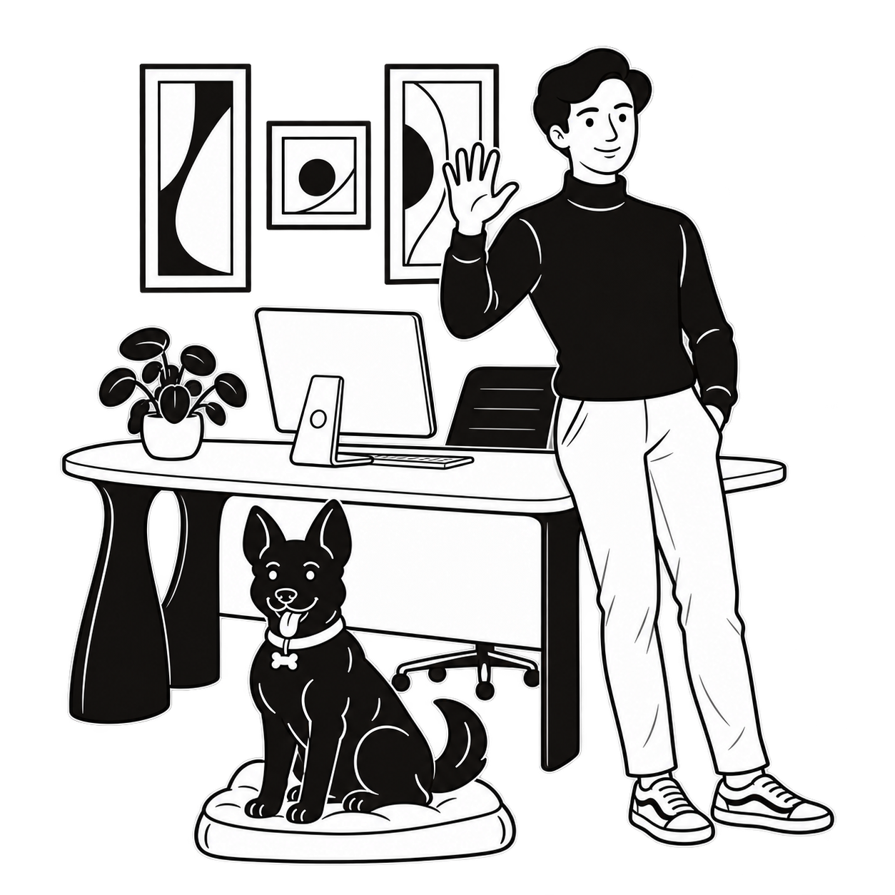Salvador Marín junto a su escritorio y su perro
