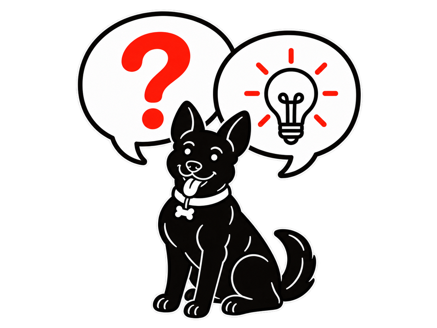 Perro de Salvador Marín con globos de preguntas y una idea